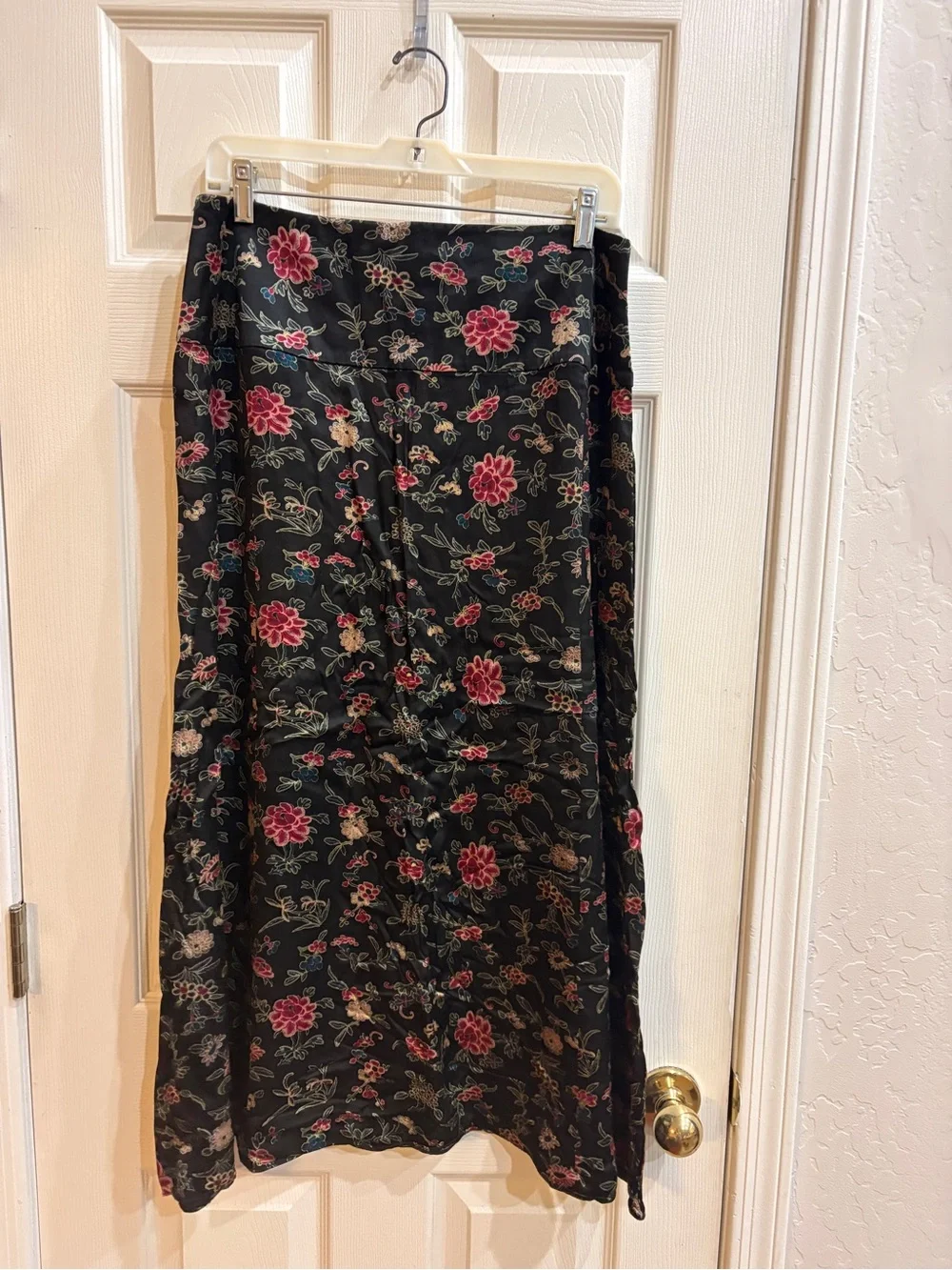 Black Floral Midi Silk Skirt with Pink Accents
